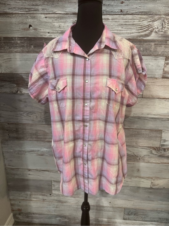 Wrangler Tops - Wrangler Pink Purple Plaid Snap Down Shirt with Lace Accents